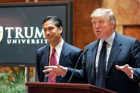 Donald Trump at the launch of Trump University in 2005, with Trump U. president Michael Sexton